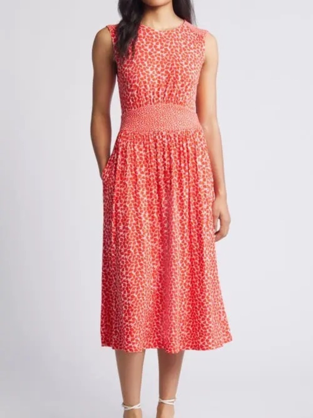 Boden Thea Women's Sz 10R Red Geometric Floral Jersey Dress Smocked Waist
